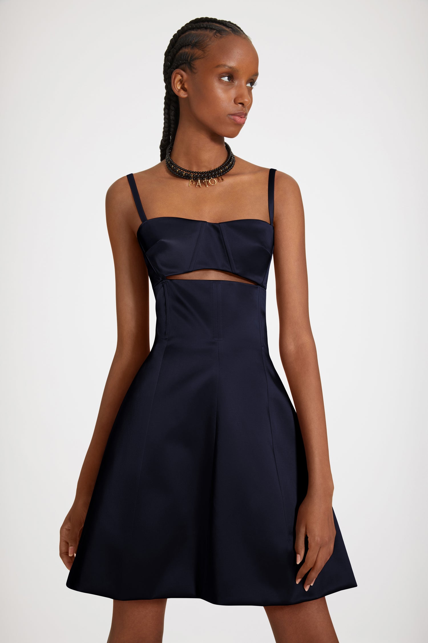 Patou DR111 robe satin bleu nuit ajourée coton bio