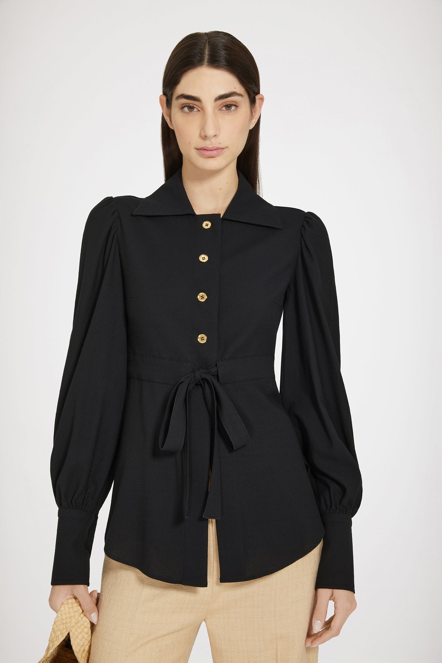 Patou P24BL0300167999B blouse seersucker noire manches bouffantes