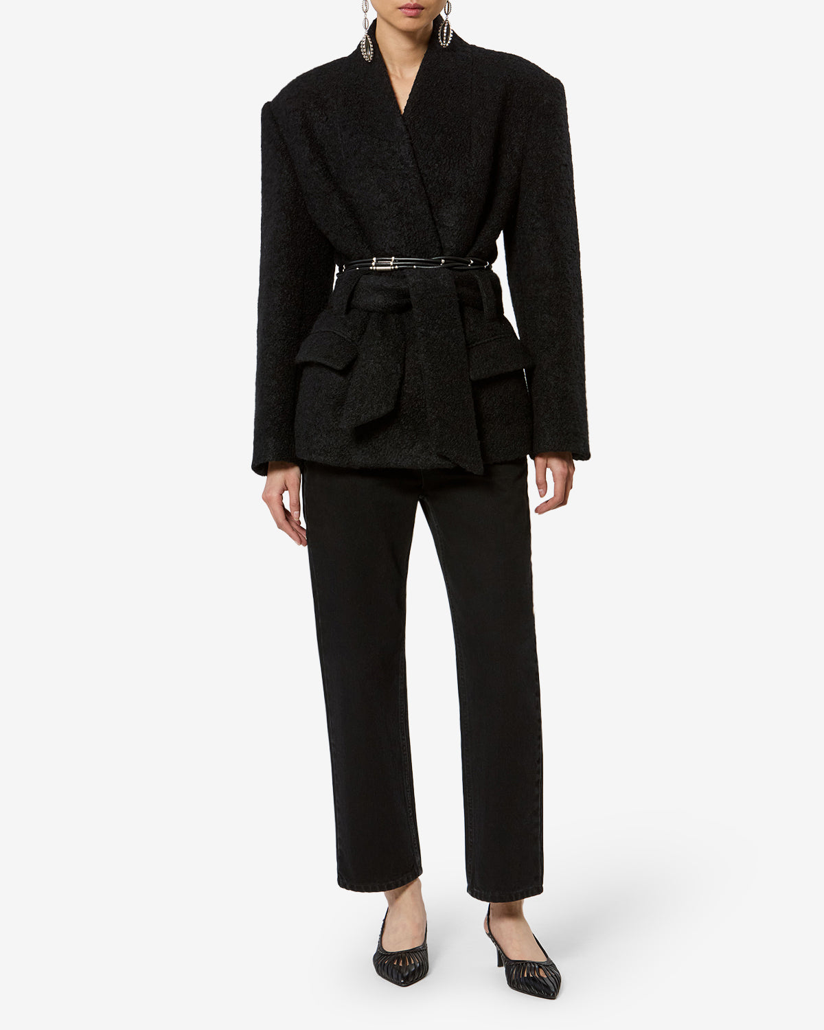 Isabel Marant Syndra veste laine noire ceinturée alpaga