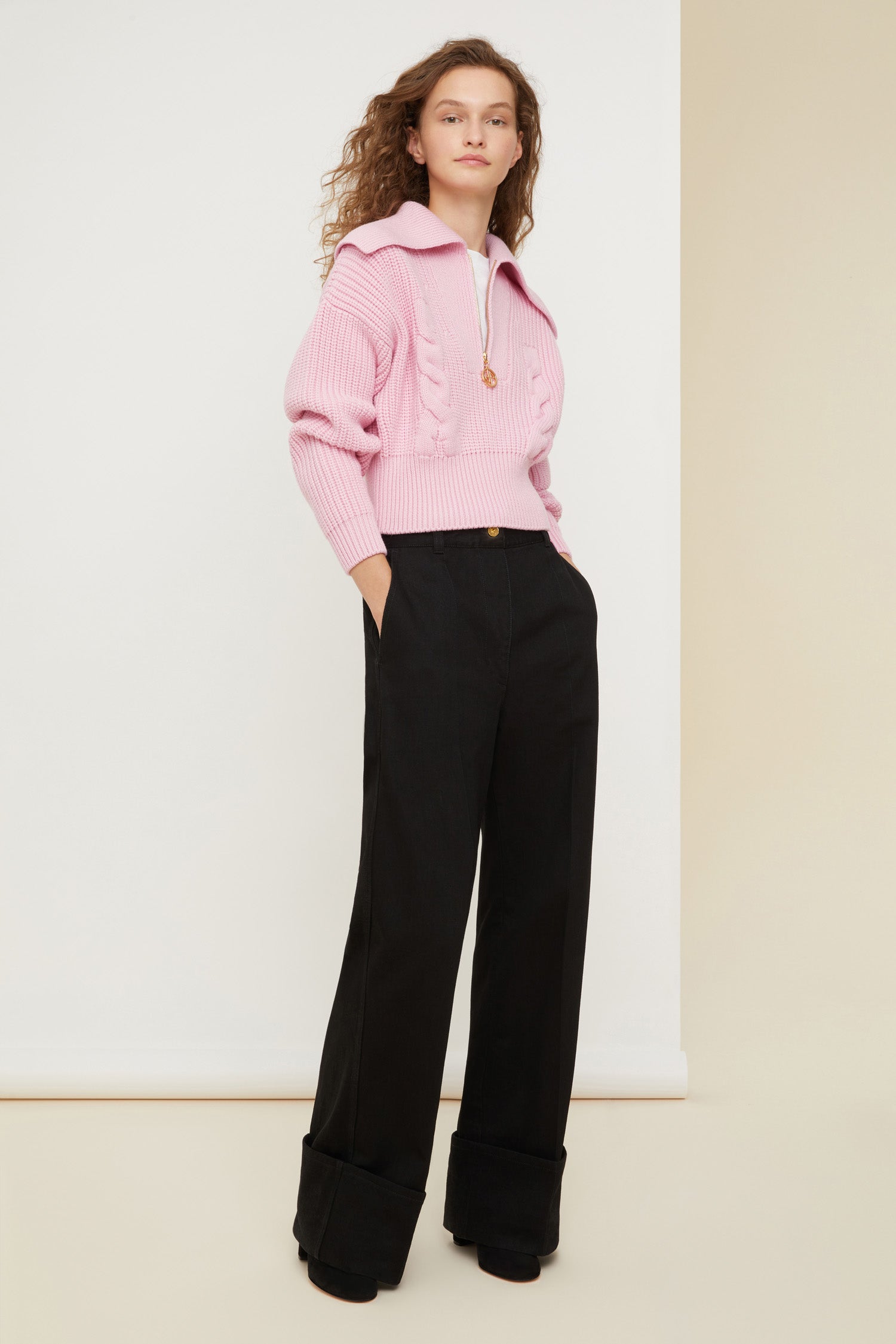 Patou H21KN0398022402P pull laine rose blush col zip
