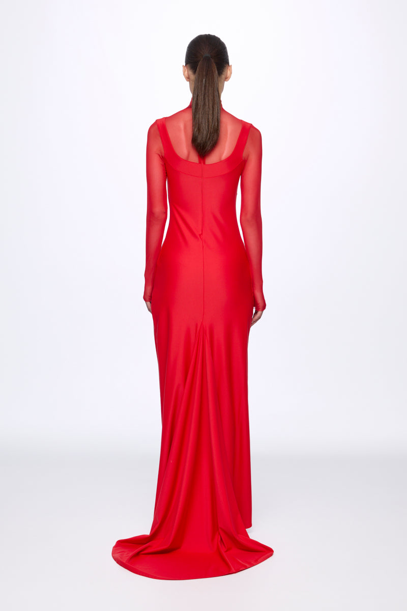 ATU Body Couture Long and formal robe maxi mesh rouge col montant
