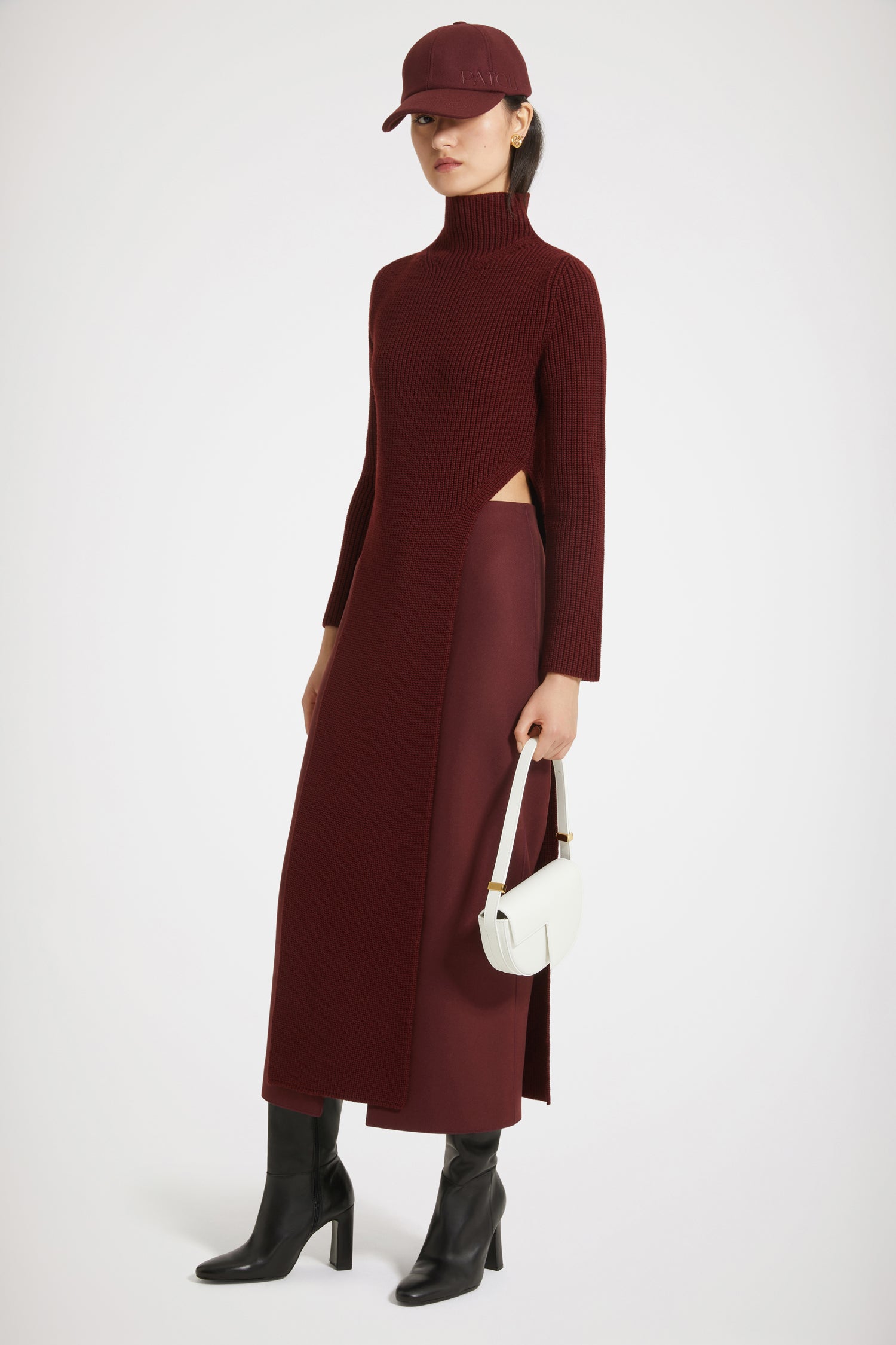 Patou Ribbed panel jumper pull laine rouge Ruby Wine M