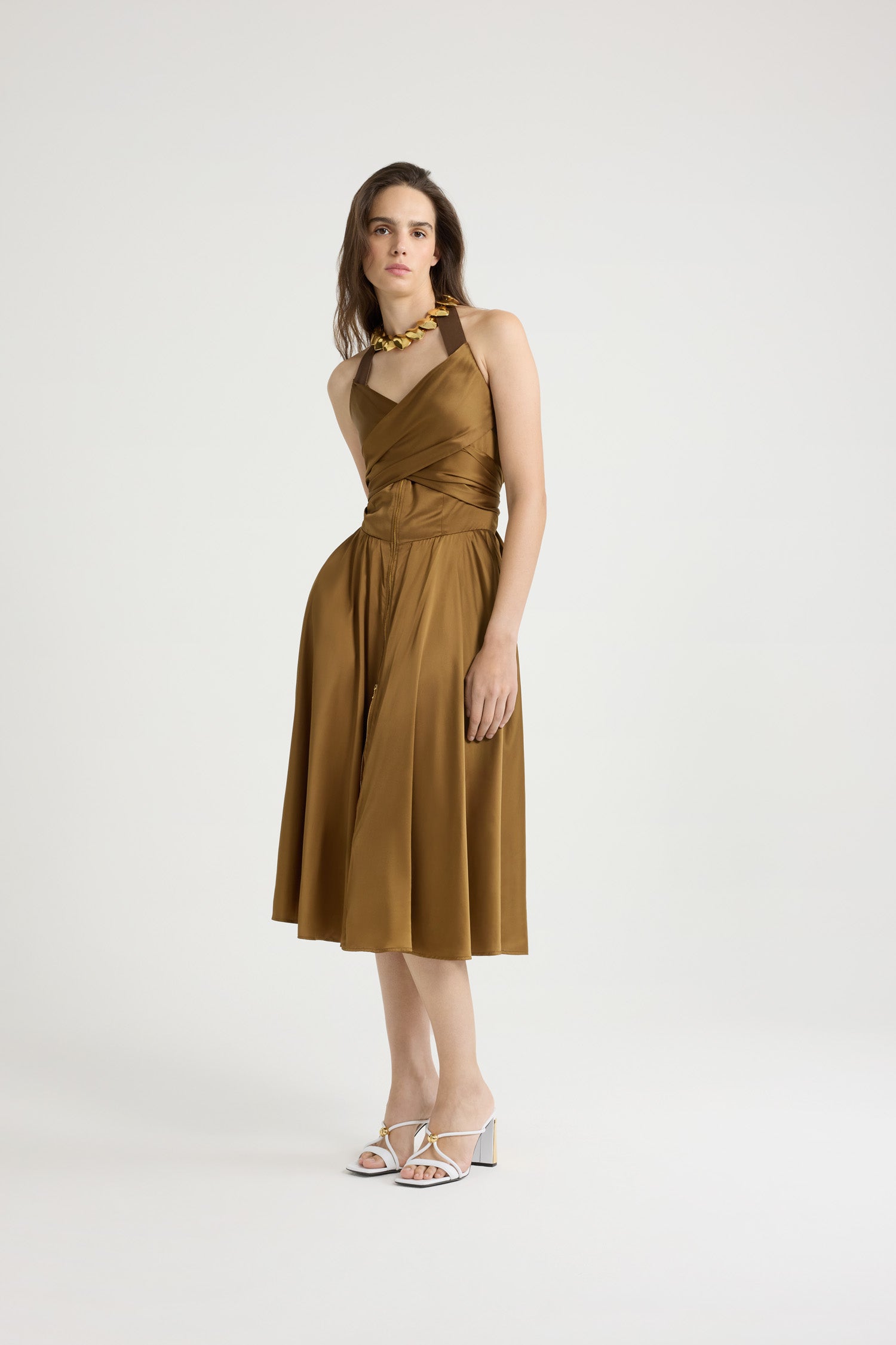 Patou robe midi satin halterneck Tobacco 38 drapée