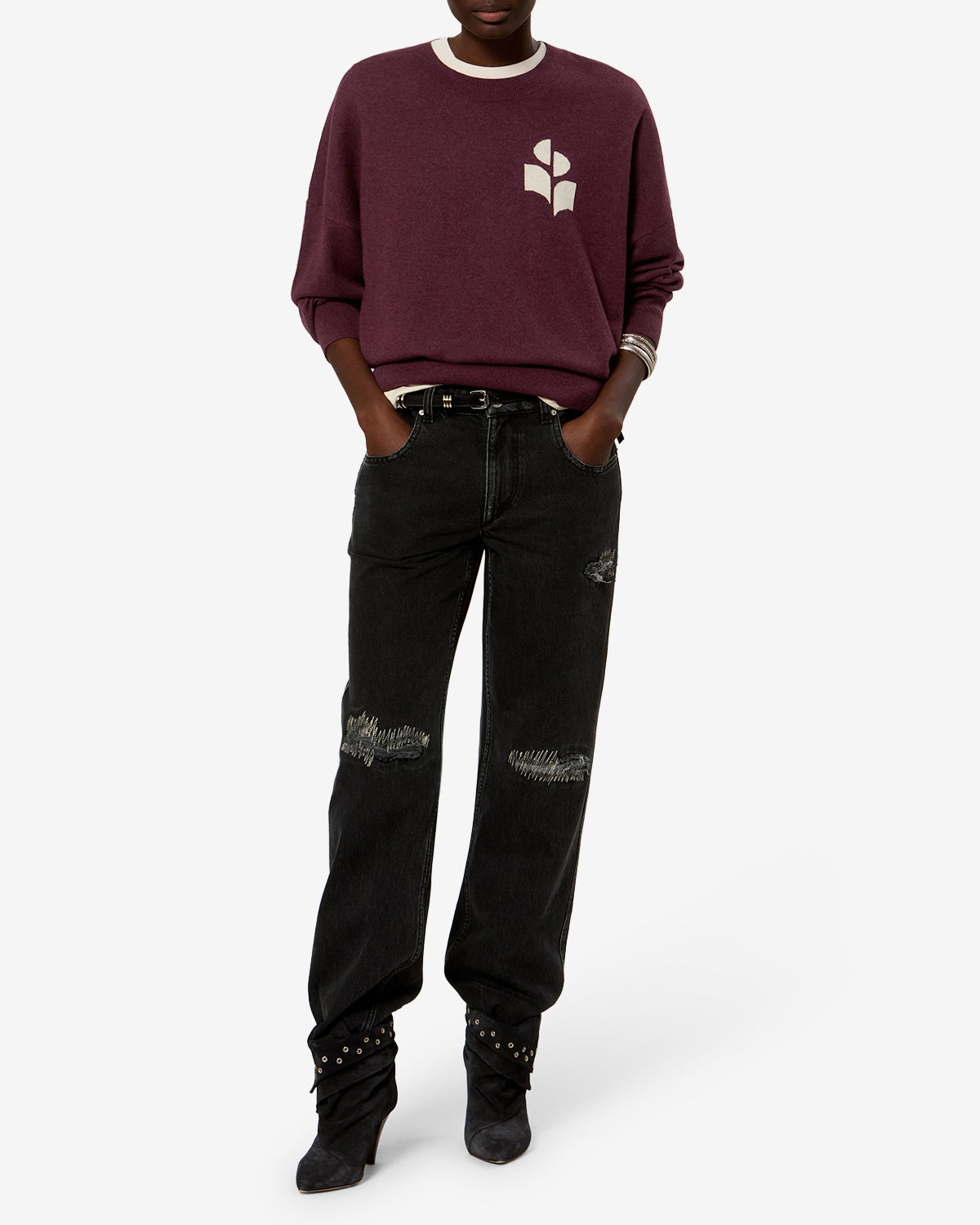 Isabel Marant Mailles Marisans pull bordeaux coton laine logo