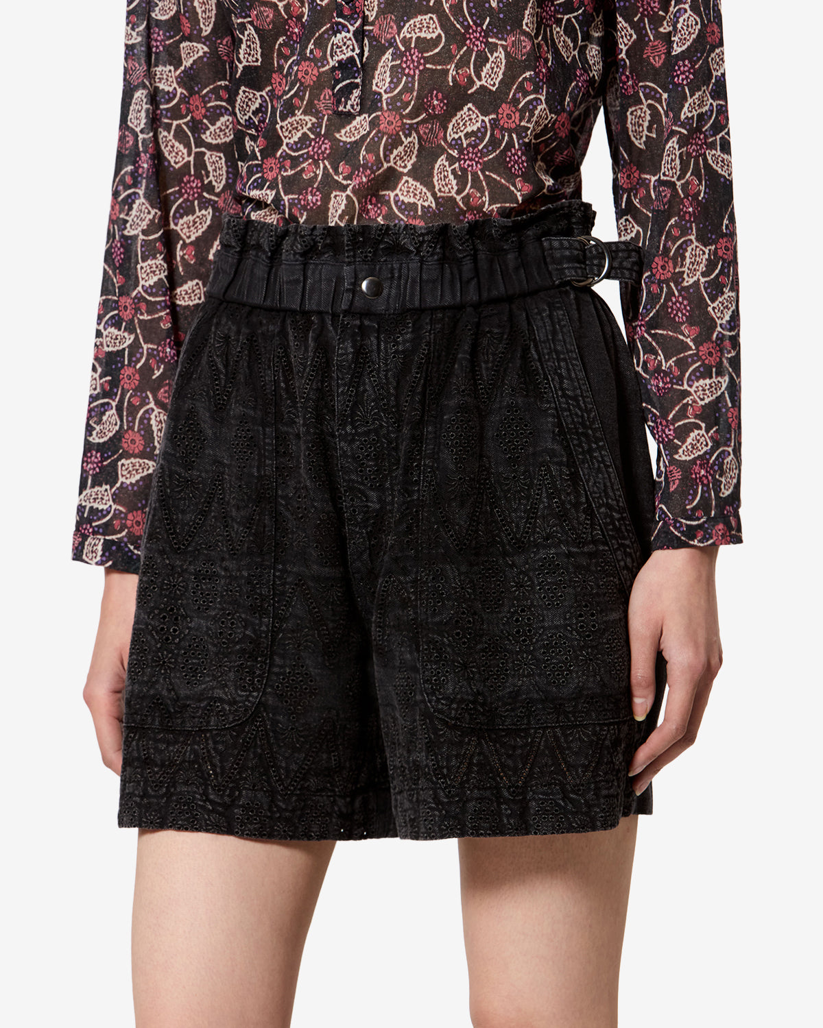 Isabel Marant Kisha short coton noir délavé broderie