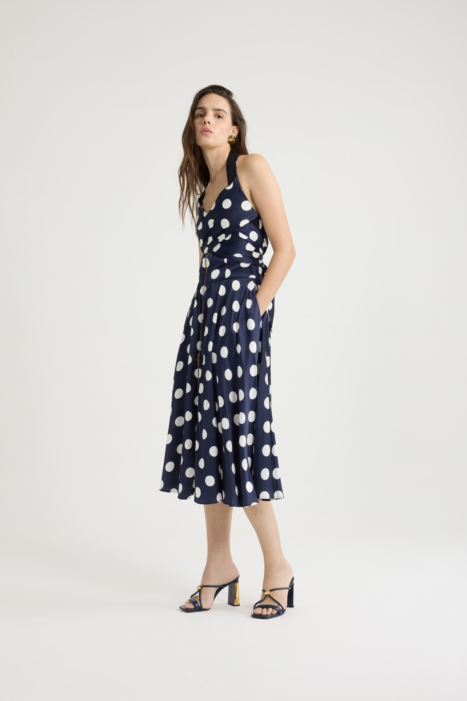 Patou robe P25DR16102075064 satin Navy Polka Dots midi