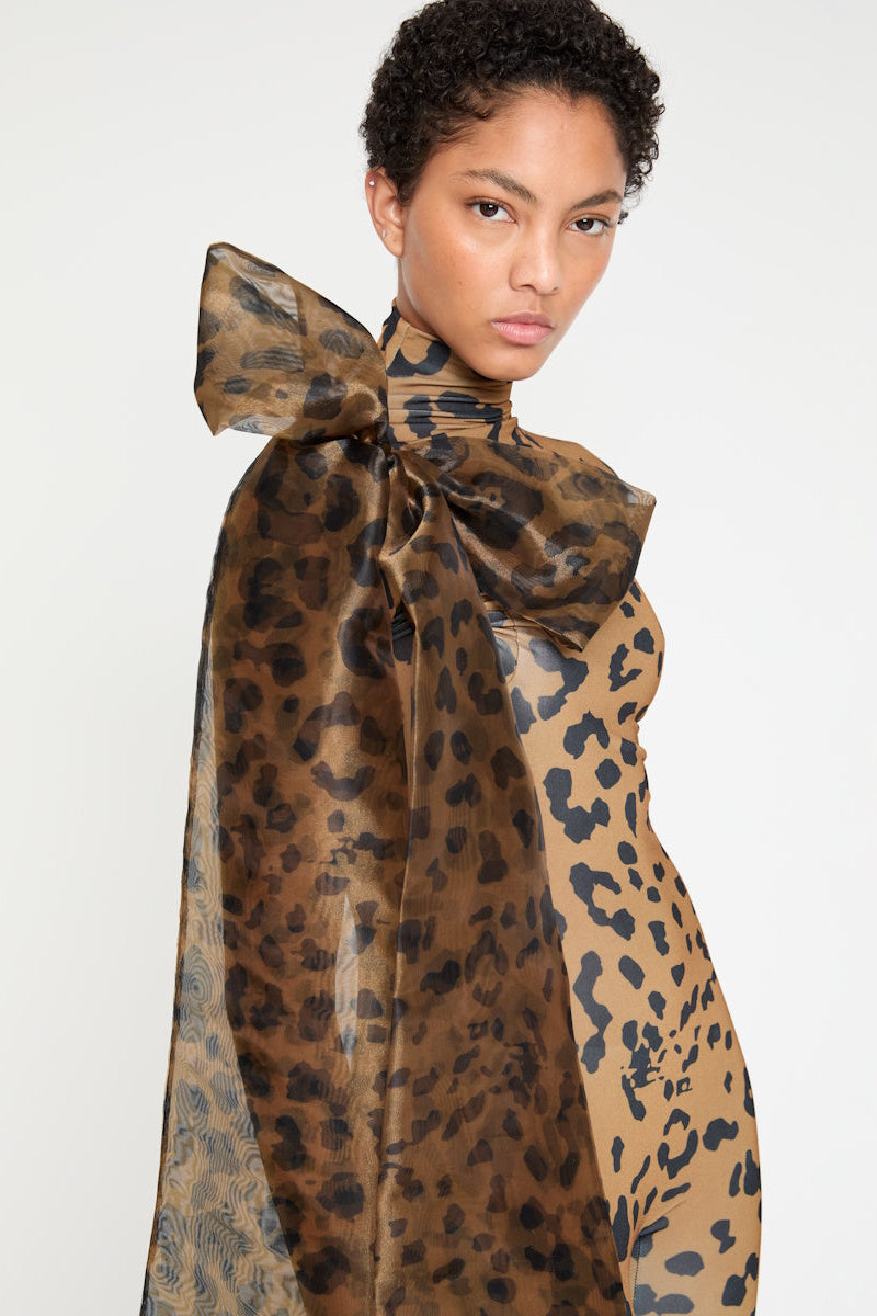 ATU Body Couture catsuit léopard tigre noeud épaule col montant