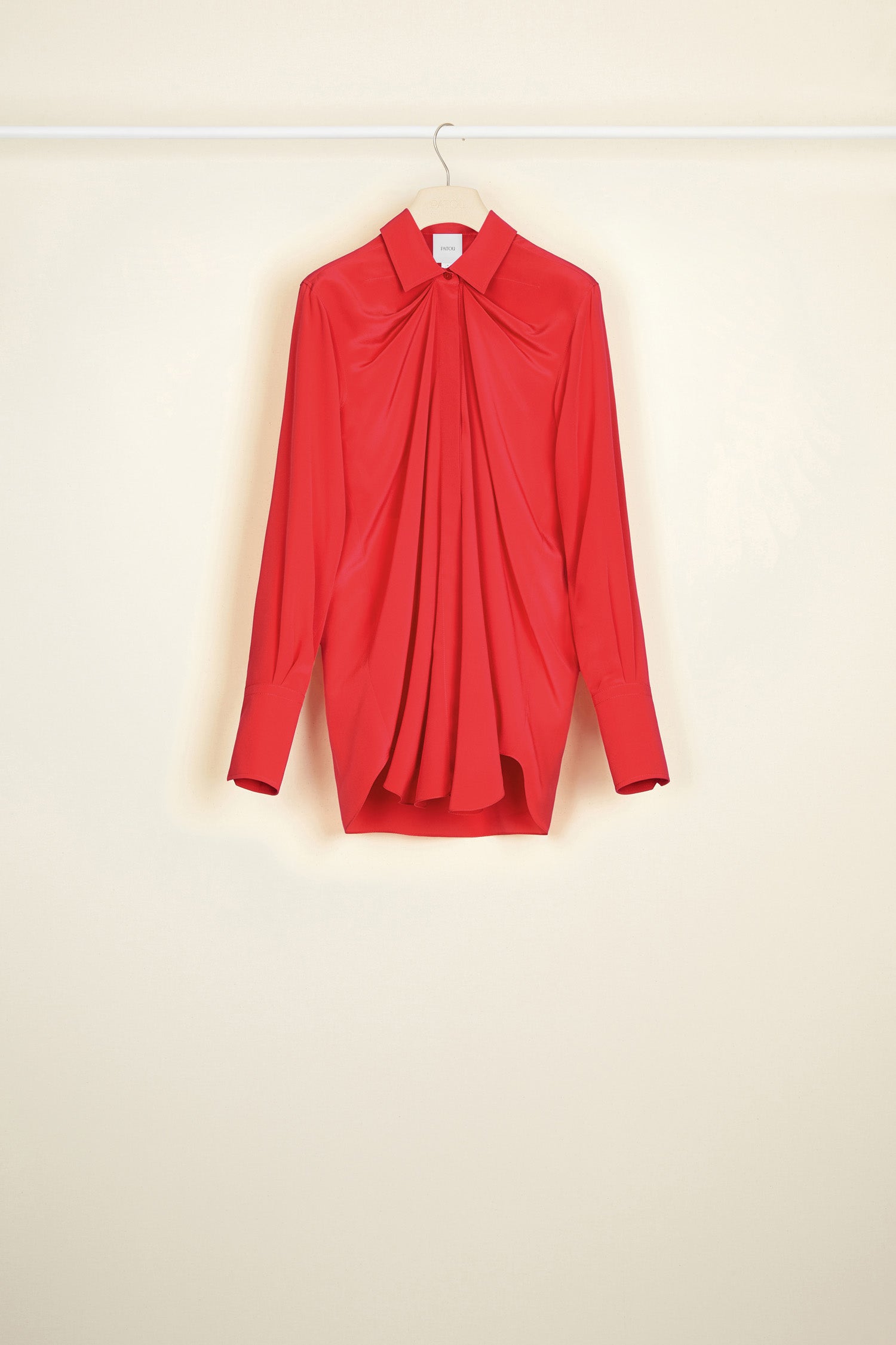 Patou BL003 blouse soie drapée rouge capucine