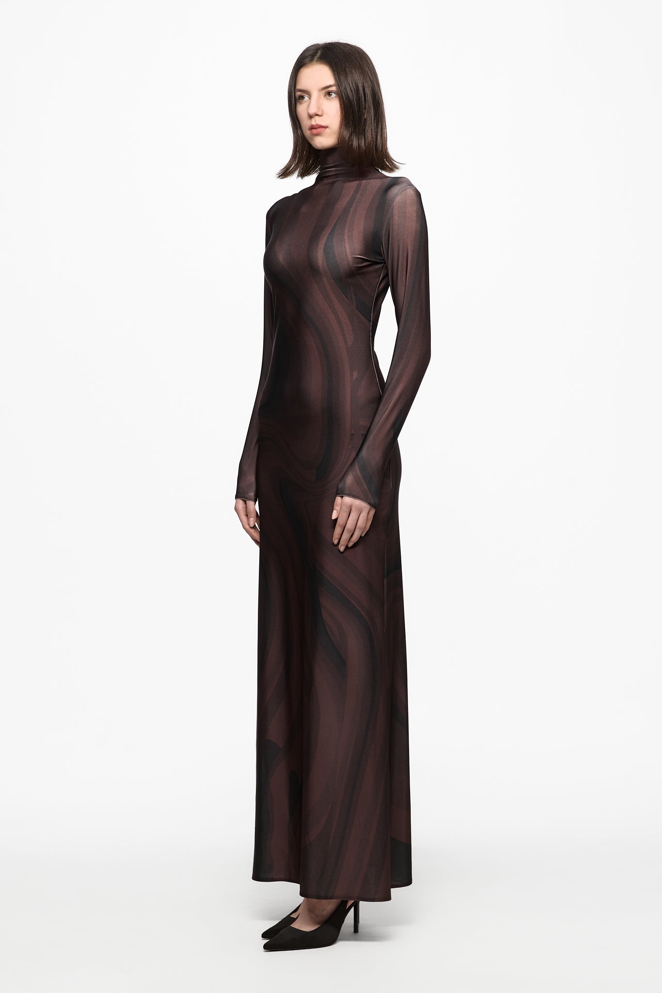ATU Body Couture Roll-Neck Chocolate Print robe marron maxi