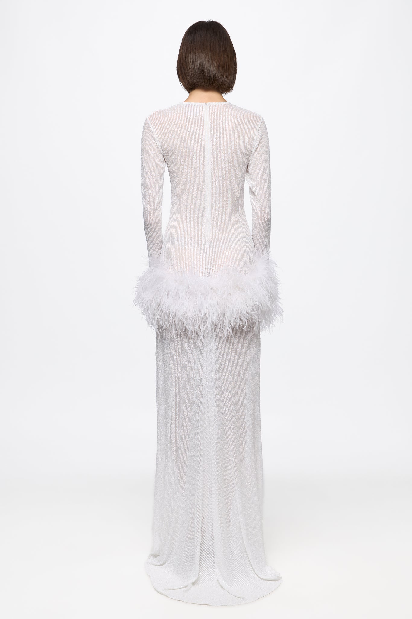 ATU Body Couture High Neck Sequin robe plumes blanche S