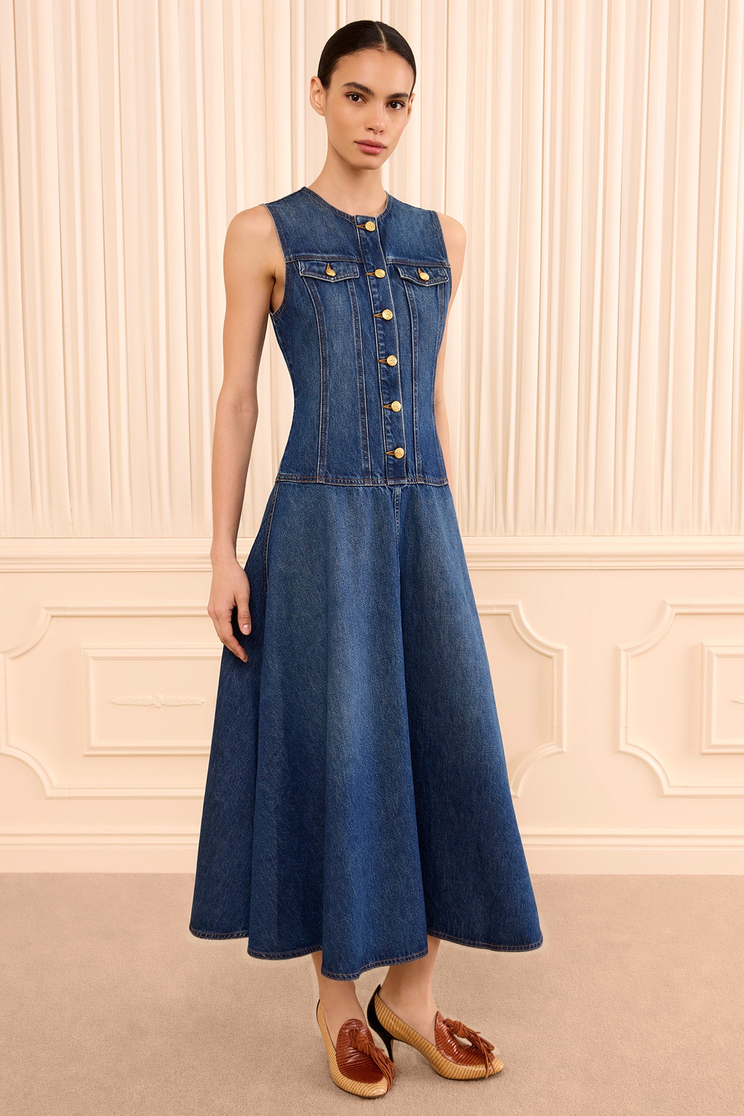 Ulla Johnson Odella Robe Denim Nile Jean Midi Sans Manches