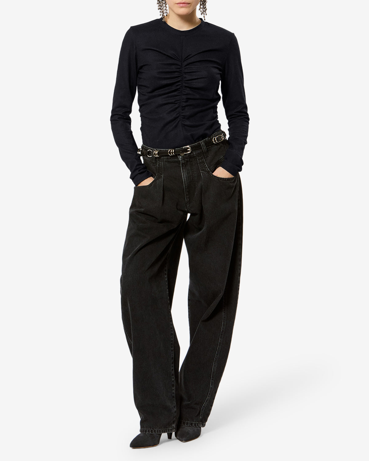Isabel Marant Delesa top noir jersey froncé ajusté