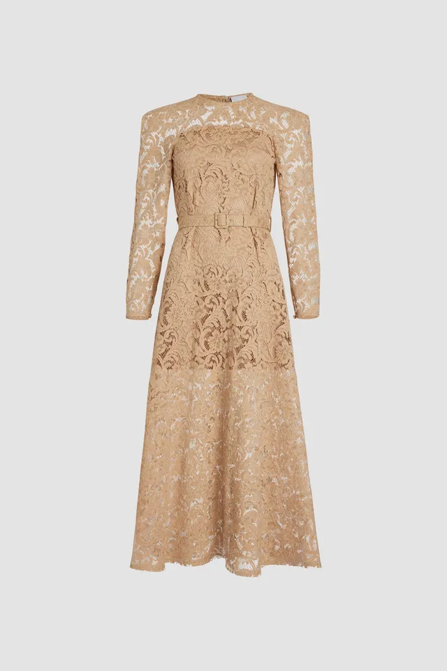 Patou DR146 robe maxi dentelle gris sable ceinturée