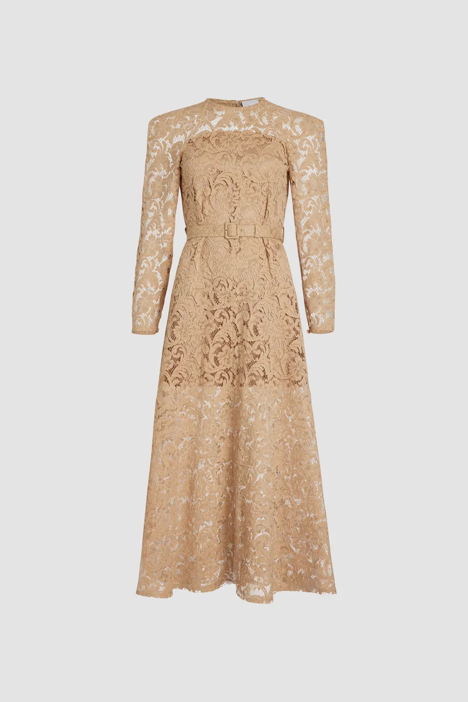 Patou DR146 robe maxi dentelle gris sable ceinturée