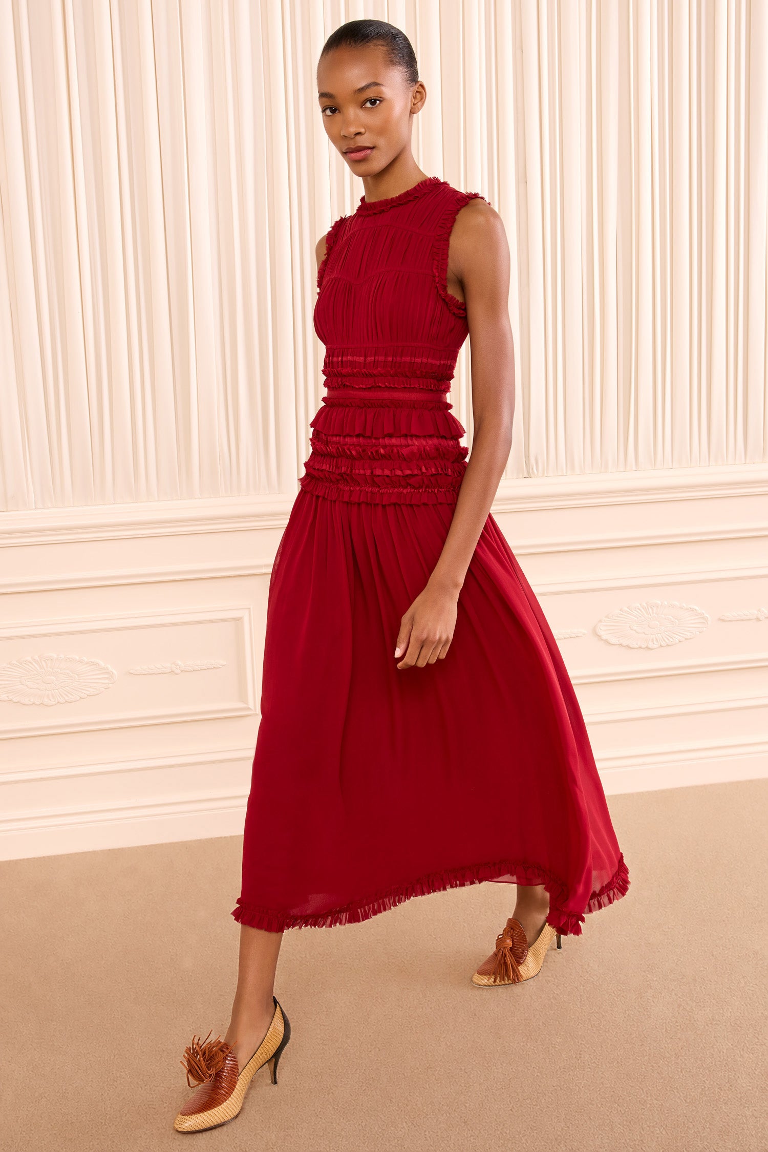 Ulla Johnson Etta FA260126 robe midi soie rouge Cerise