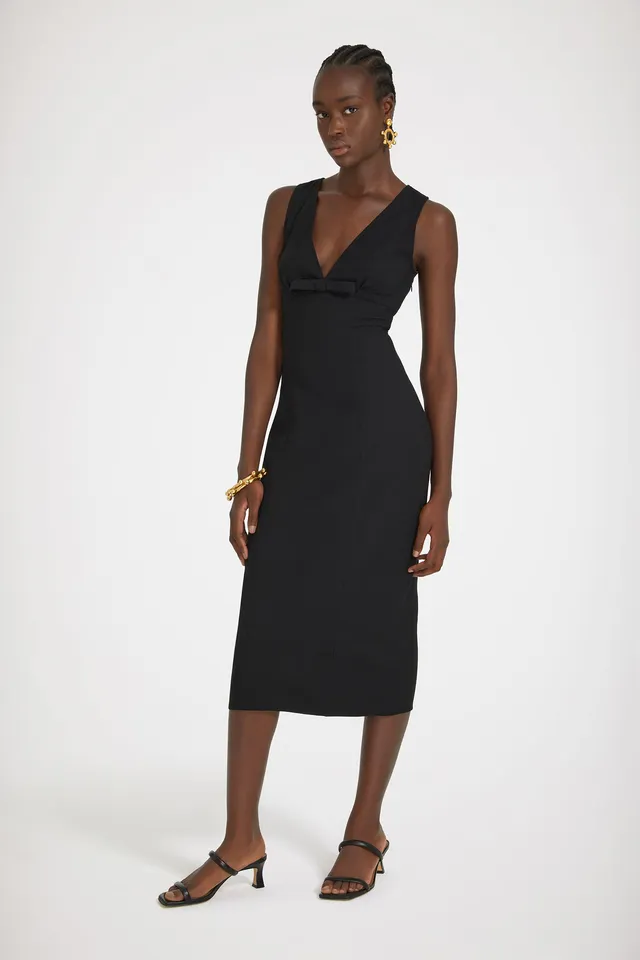 Patou DR141 Robe Midi Col V Noire Seersucker