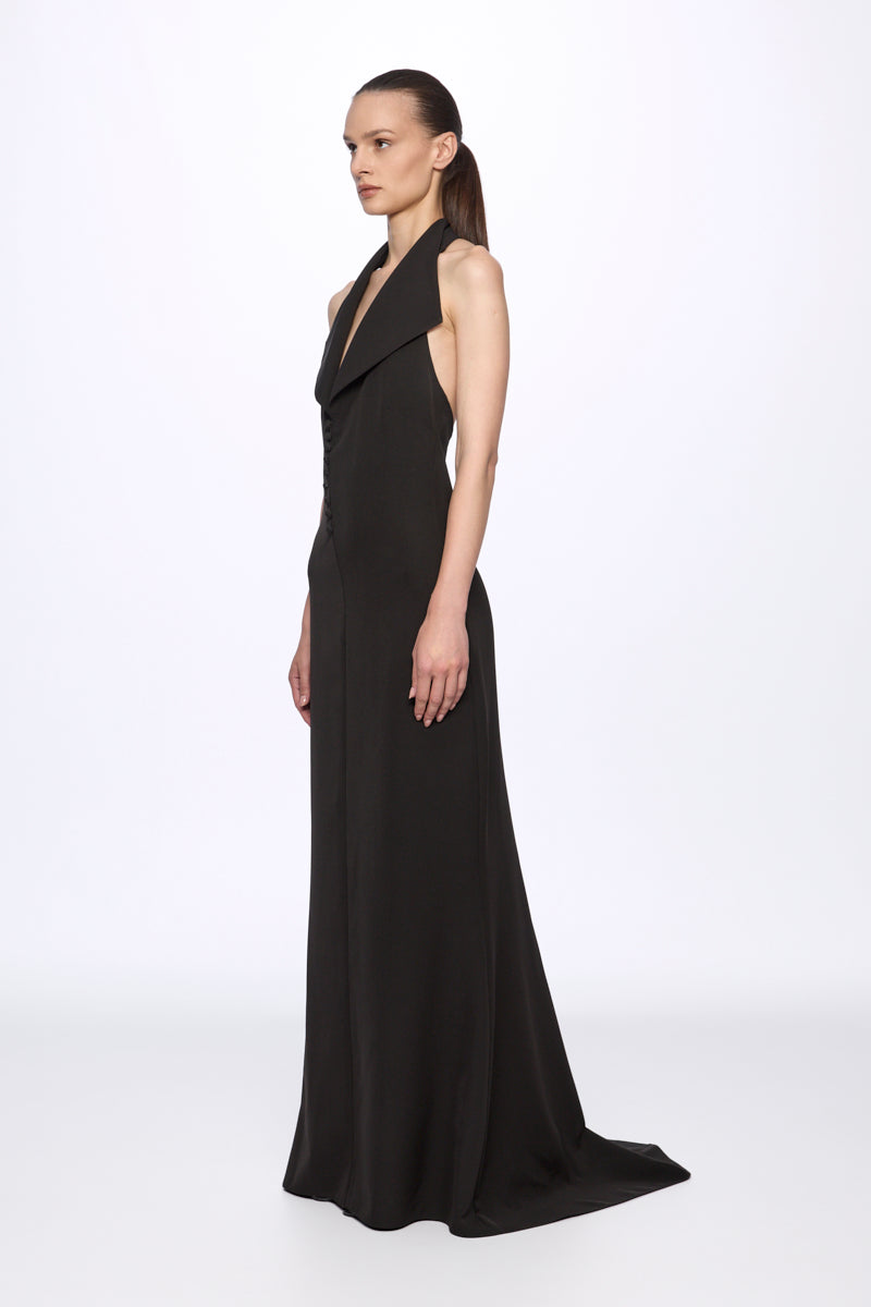 ATU Body Couture robe Black halter-neck maxi boutons noire