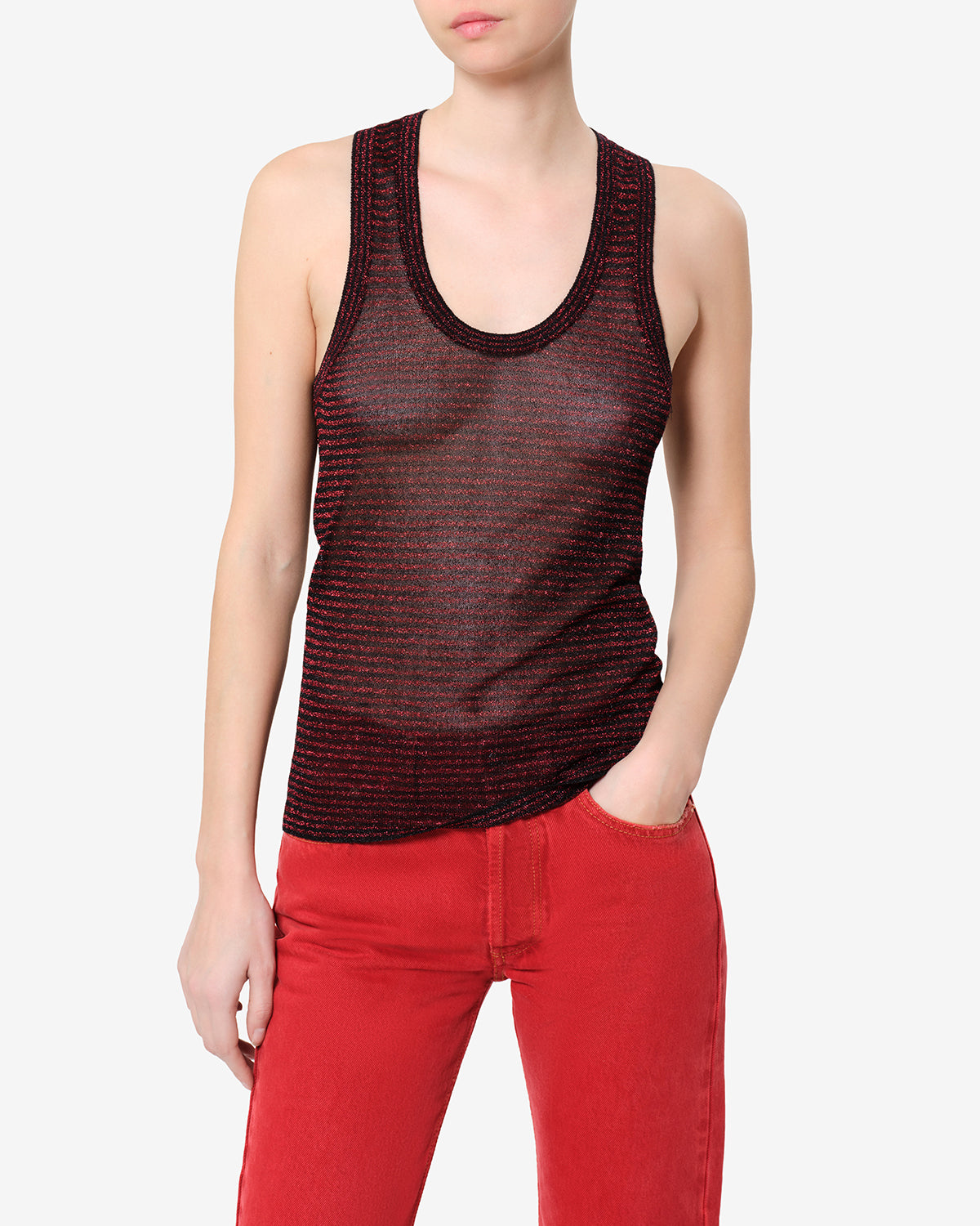 Isabel Marant Cevara débardeur maille lurex noir-rouge