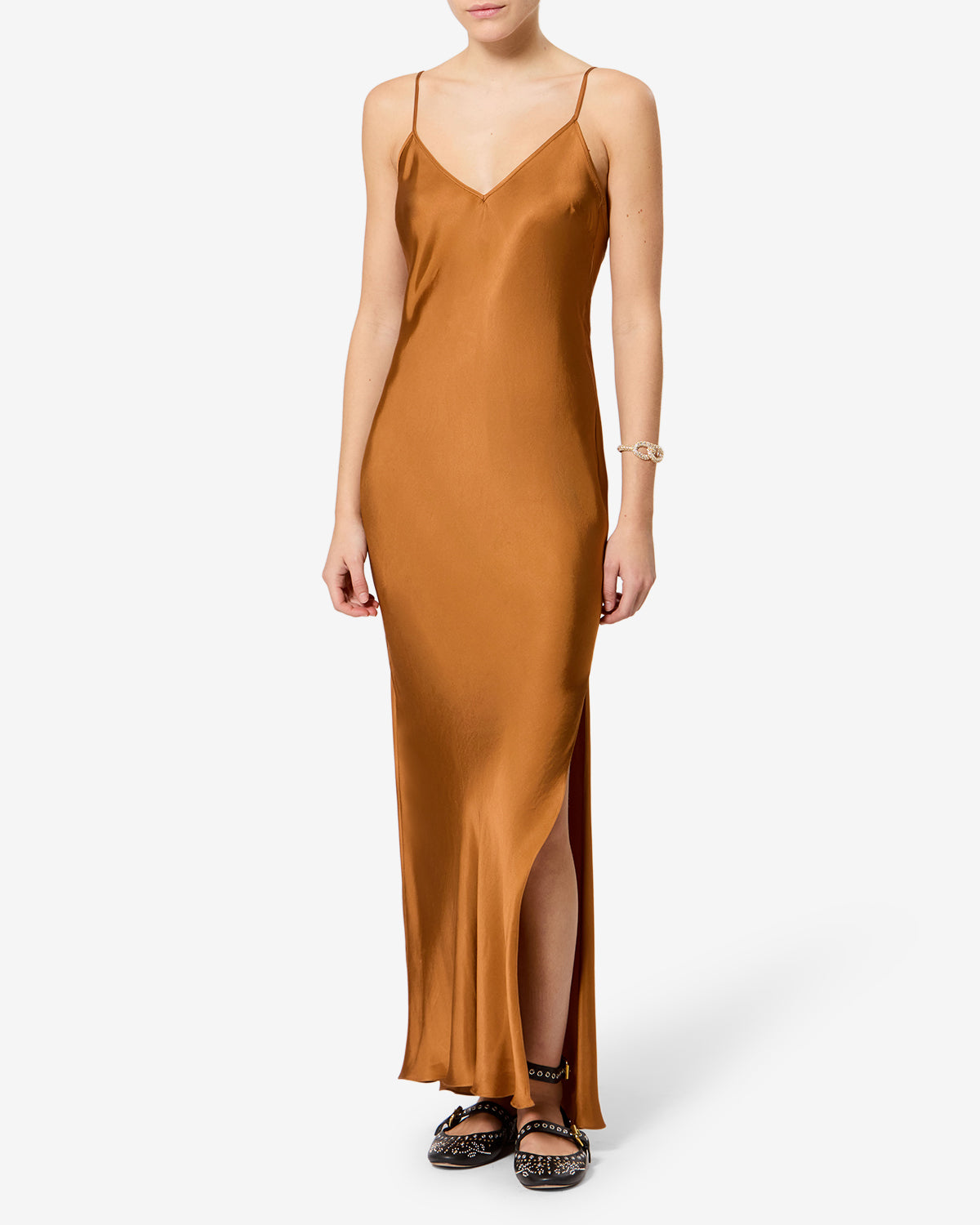Isabel Marant Nevana robe satin caramel longue fente
