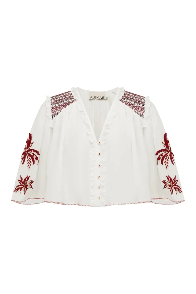 Alemaïs Odie Top blouse brodée coton soie col V