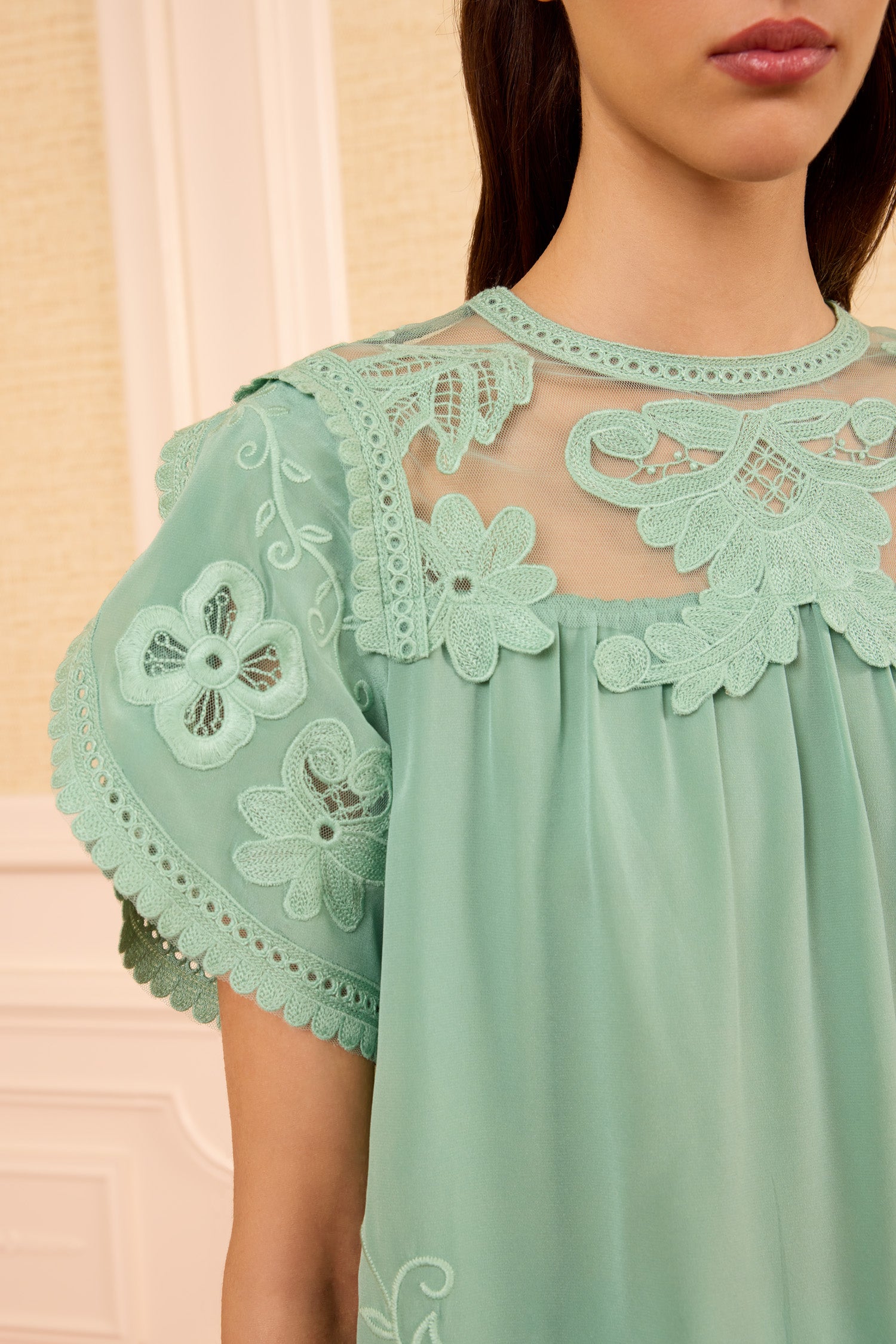 Ulla Johnson Alma Silk Top top soie vert dentelle
