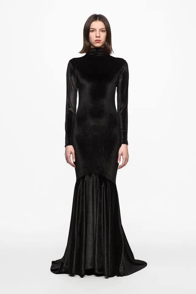 ATU Body Couture Long High neck black velvet gown robe noire