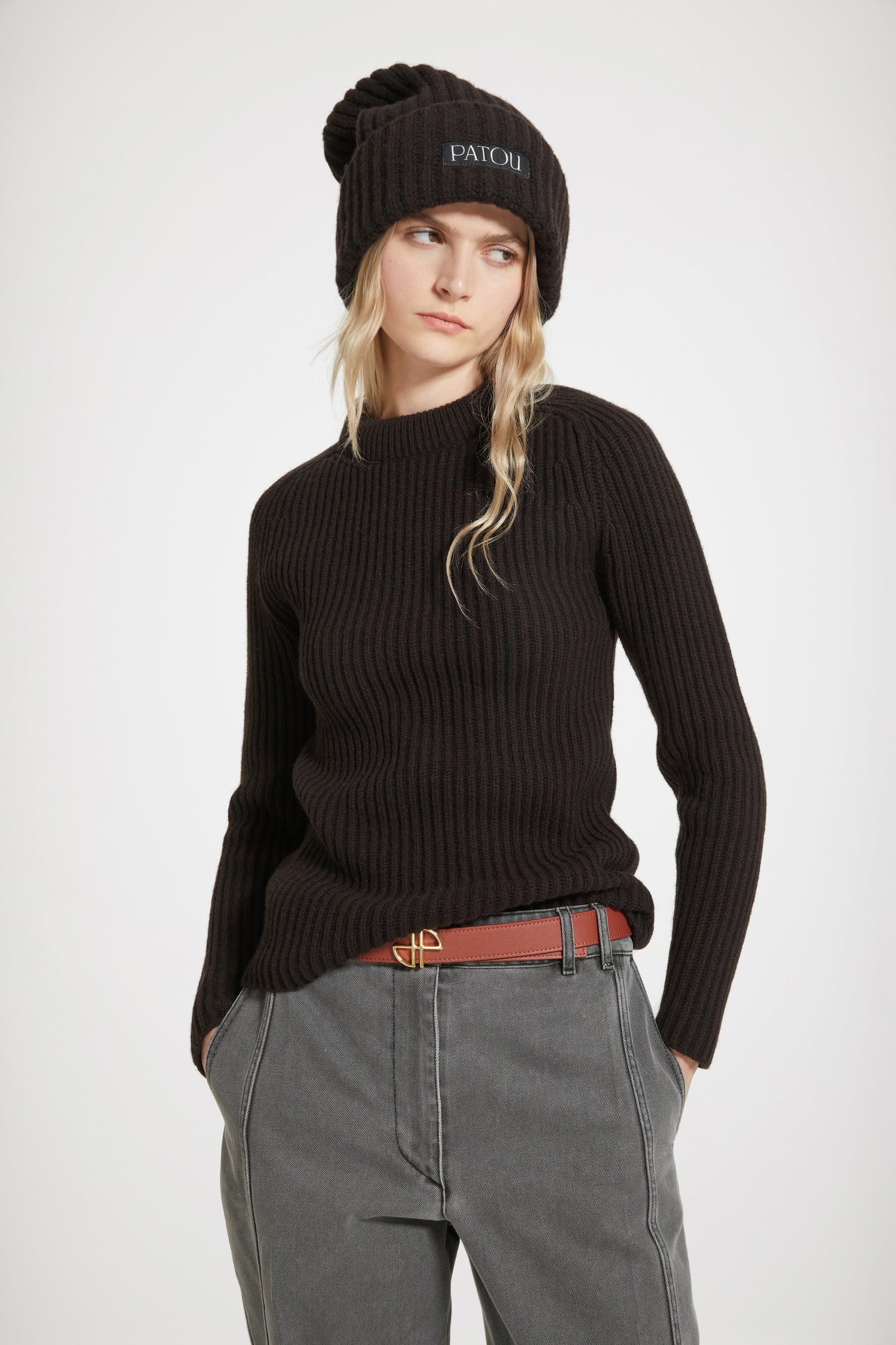 Patou Knitwear pull col 3D KN140 chocolat laine cachemire