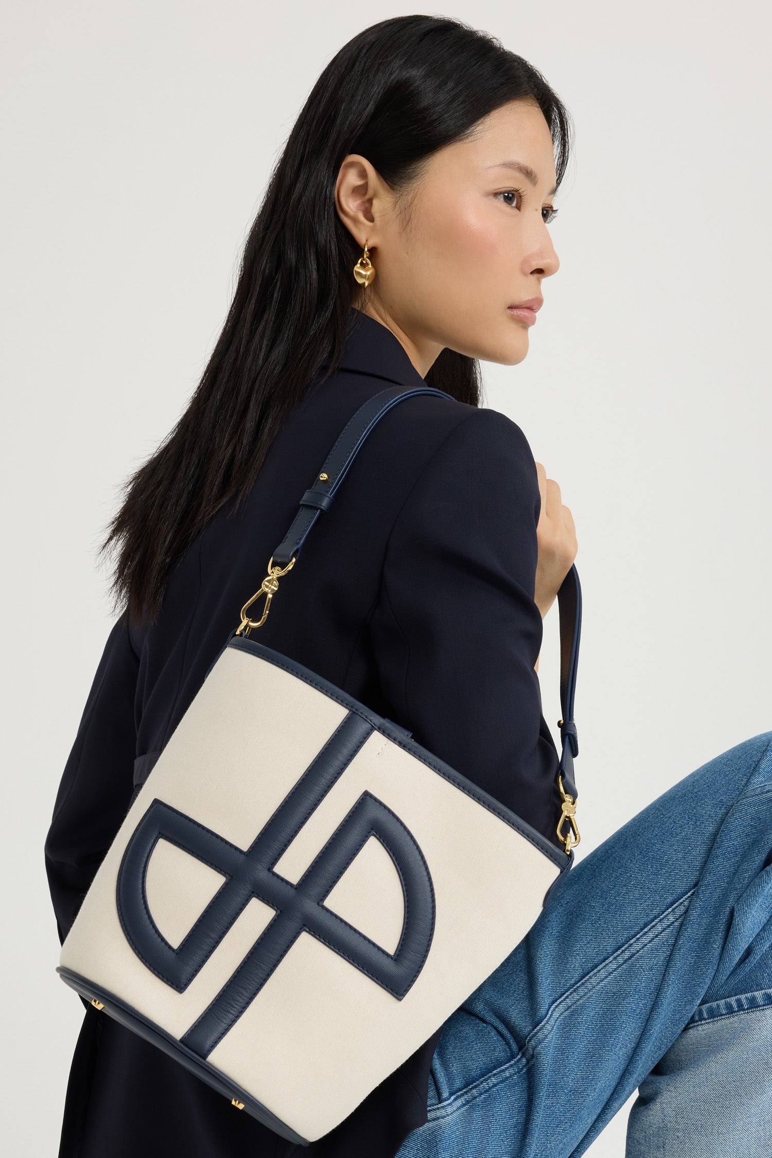 Patou Bags JP sac seau cuir toile bleu marine TU