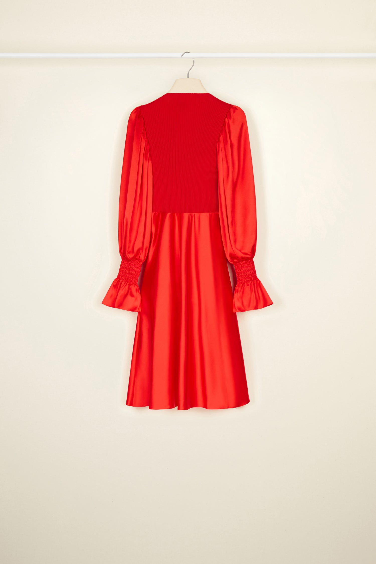 Patou A21DR080 robe satin laine manches bouffantes Poppy