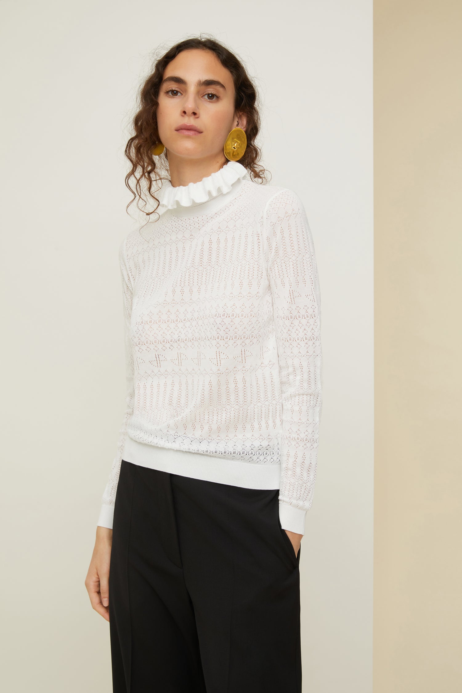 Patou P22KN0758049001W pull blanc coton bio col volant