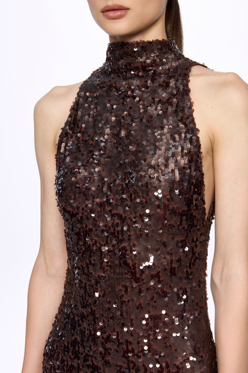 ATU Body Couture robe longue sequins marron col montant dos ouvert
