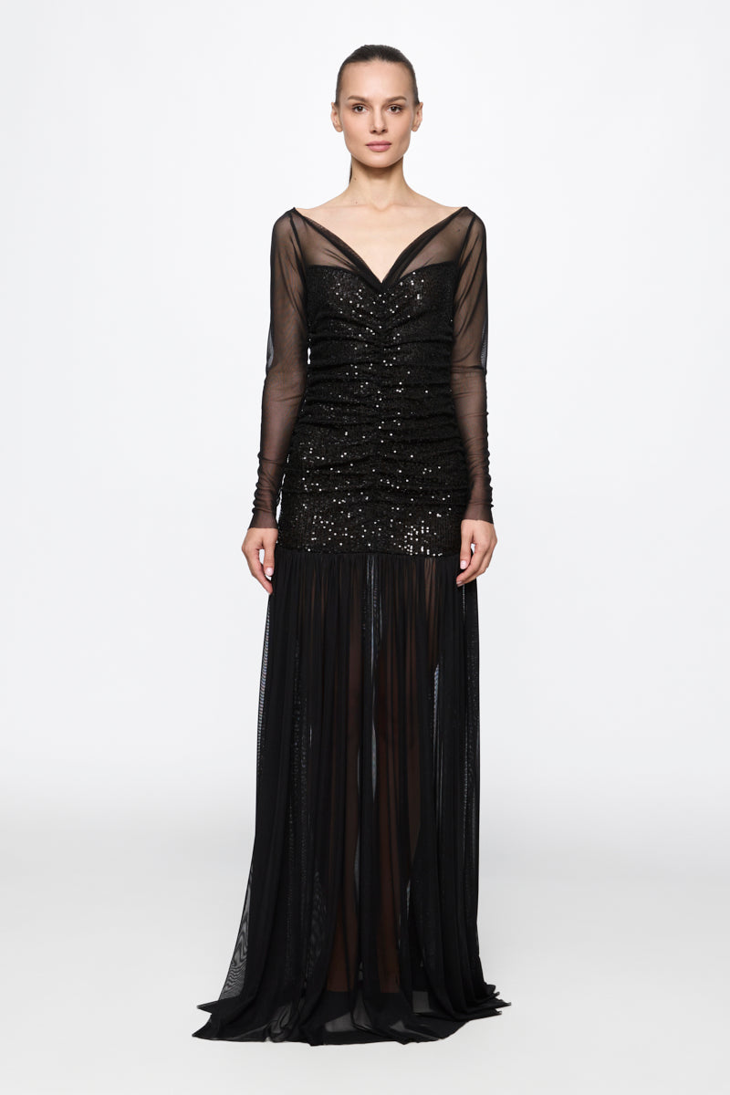ATU Body Couture Sequins and Feathers Ruched Tulle Gown robe noire S