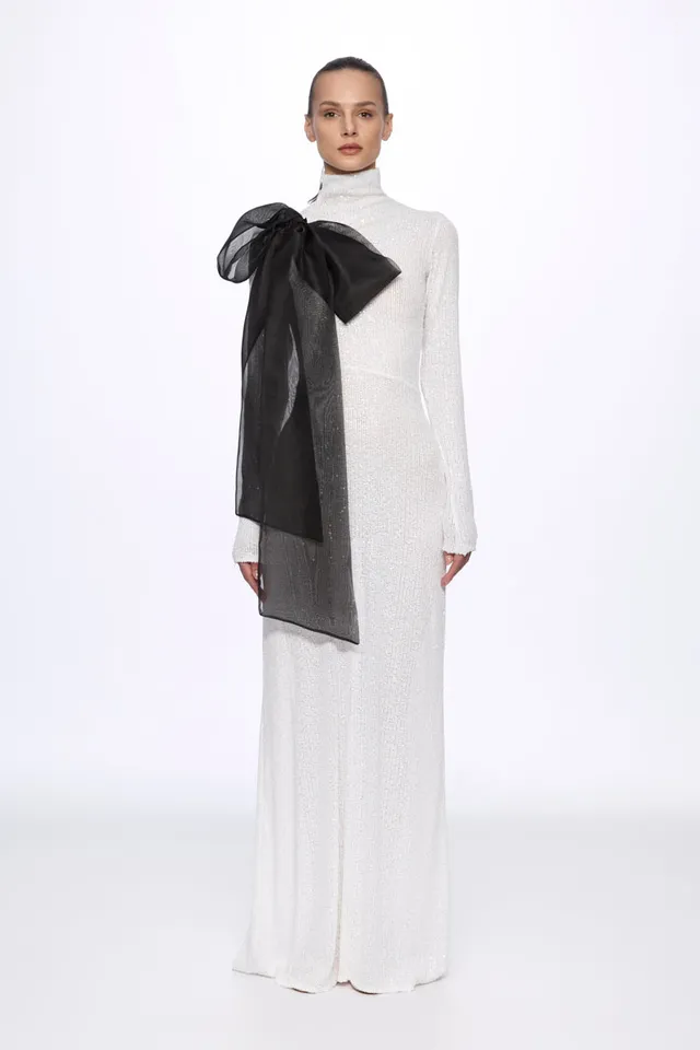 ATU Body Couture robe midi sequins blanche nœud S