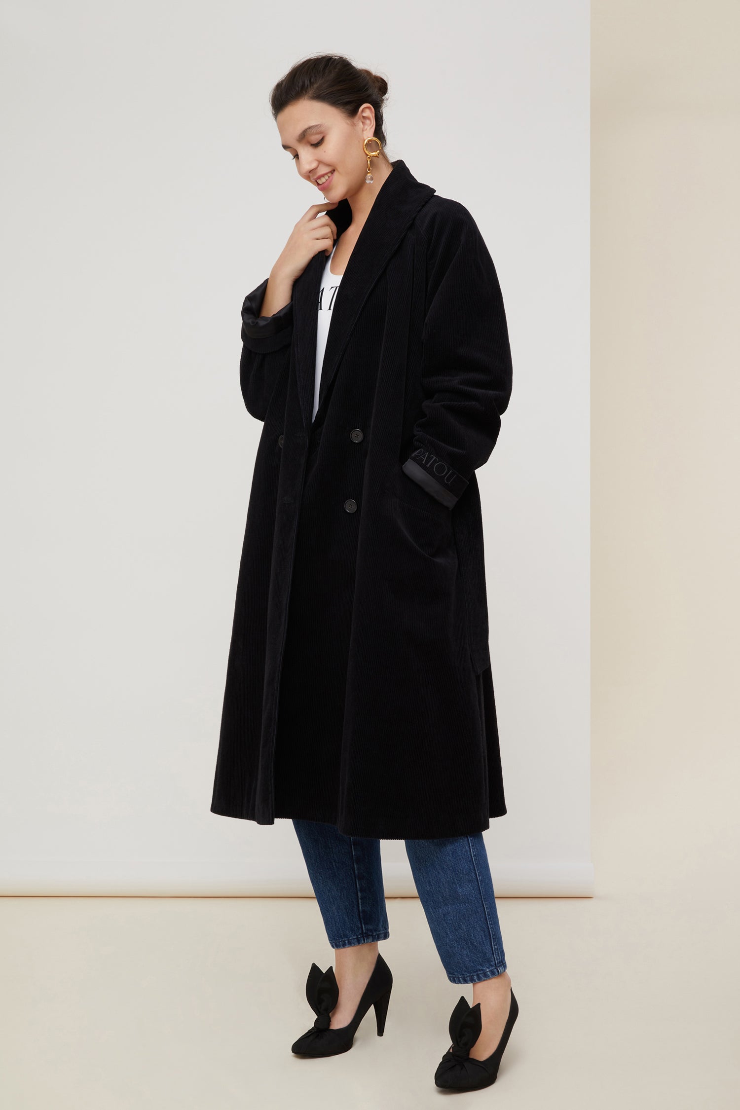 Patou trench CO005 manteau velours noir ceinturé