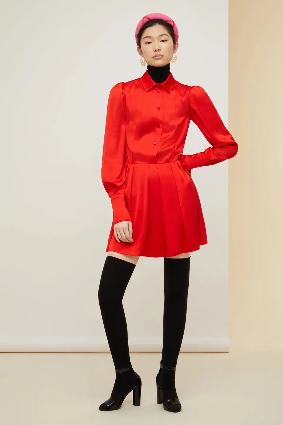 Patou DR081 robe chemise plissée mini satin rouge poppy 38