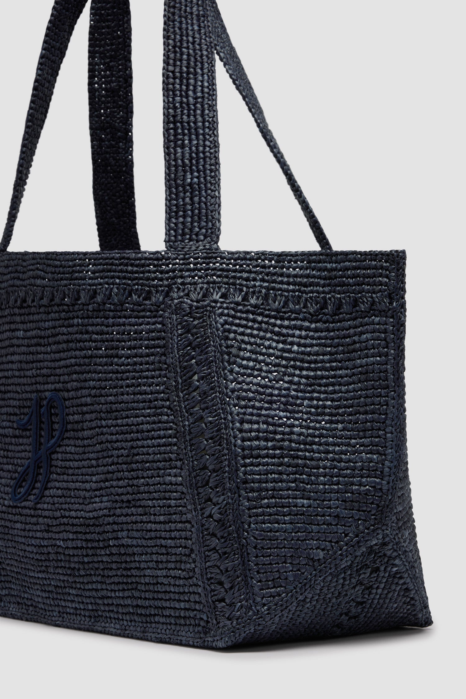 Patou AC092 grand cabas tote trapèze raffia bleu marine