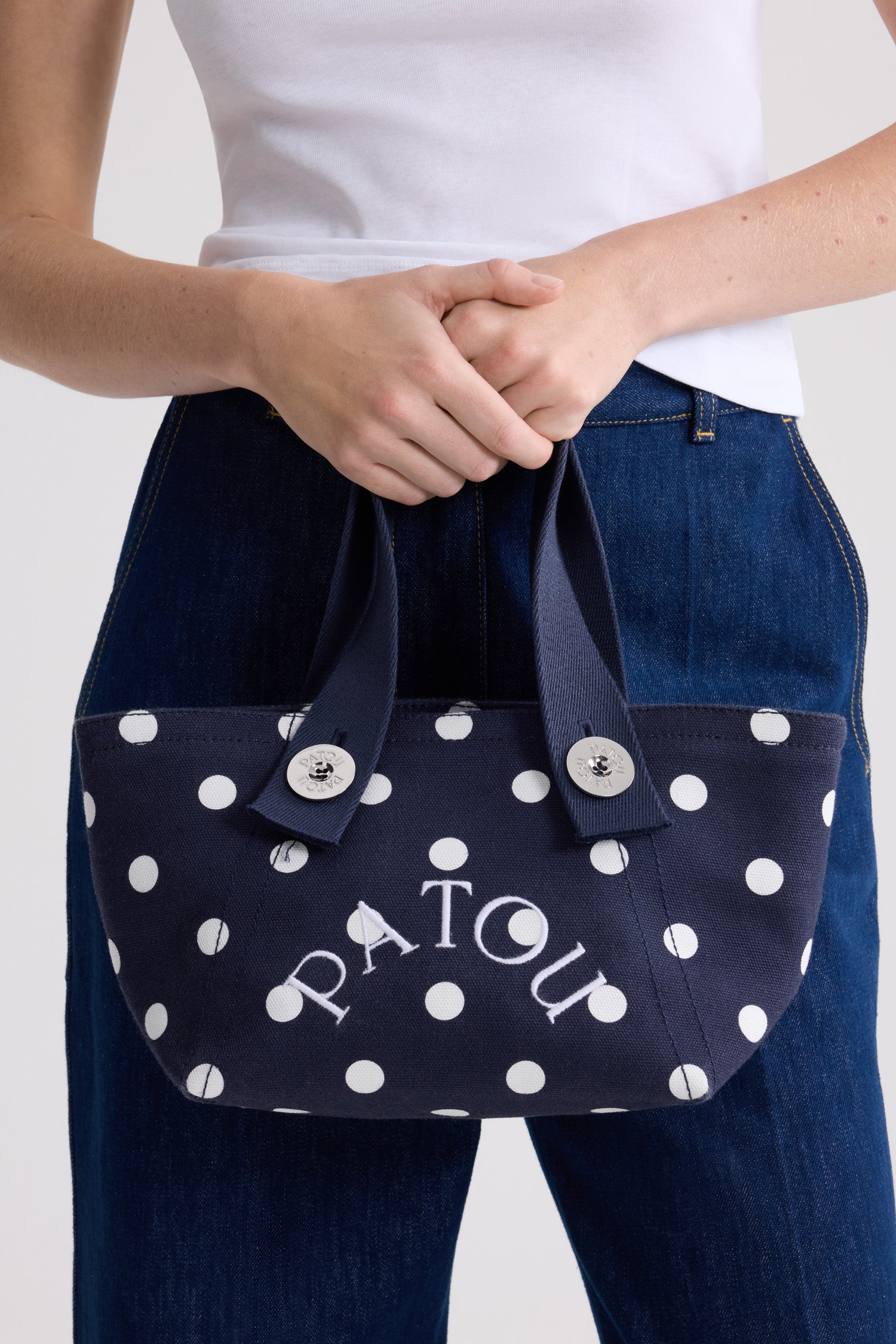 Patou Trapeze AC132 tote bag toile bleu marine pois