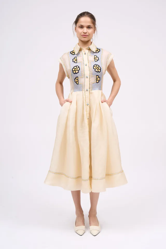 Paul & Joe Hyacinthe robe-chemise soie beige clair brodée