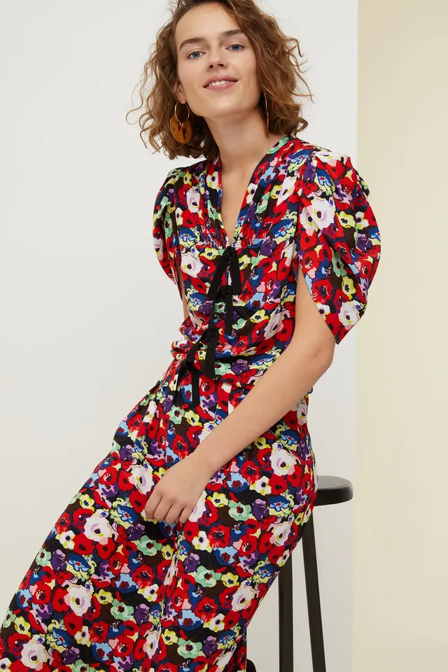 Patou DR006 robe crêpe fleurs froncée nœuds 34-44