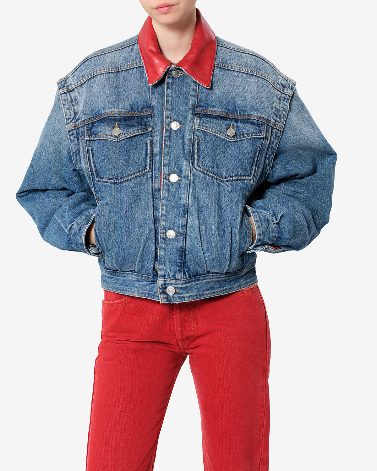 Isabel Marant Devyn veste en denim bleu col cuir rouge