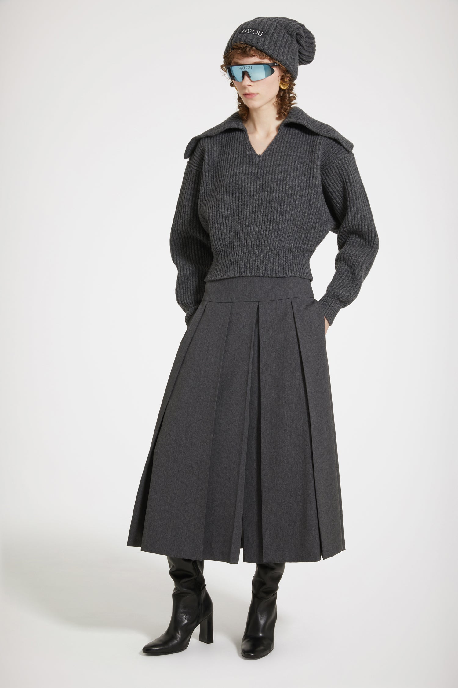 Patou SK049 Jupe Midi Anthracite Plissée Taille Basse
