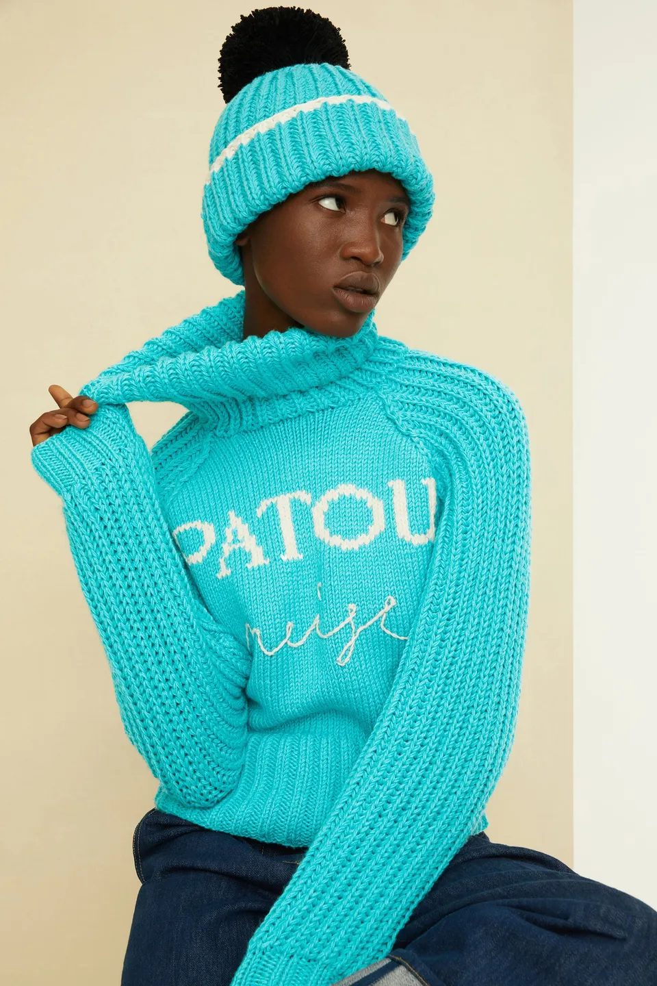 Patou Neige KN082 pull col roulé bleu laine mérinos