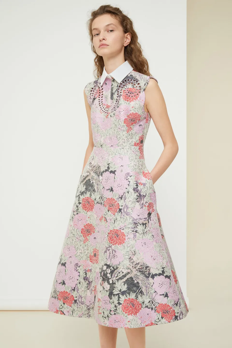 Patou DR063 robe midi jacquard birds peonies