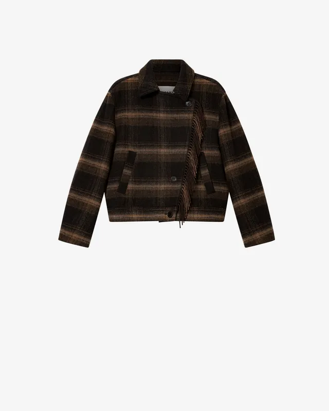Isabel Marant Galeane manteau laine noir à carreaux franges