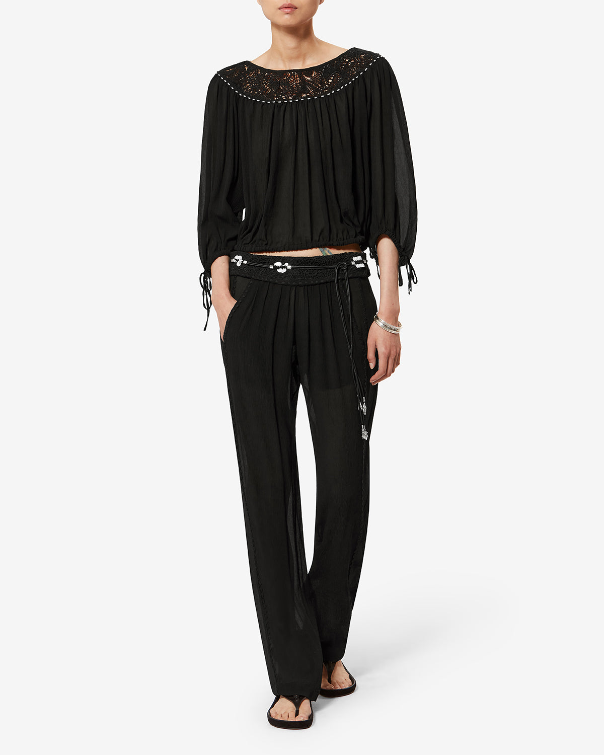 Isabel Marant Nelida top soie noir guipure perles