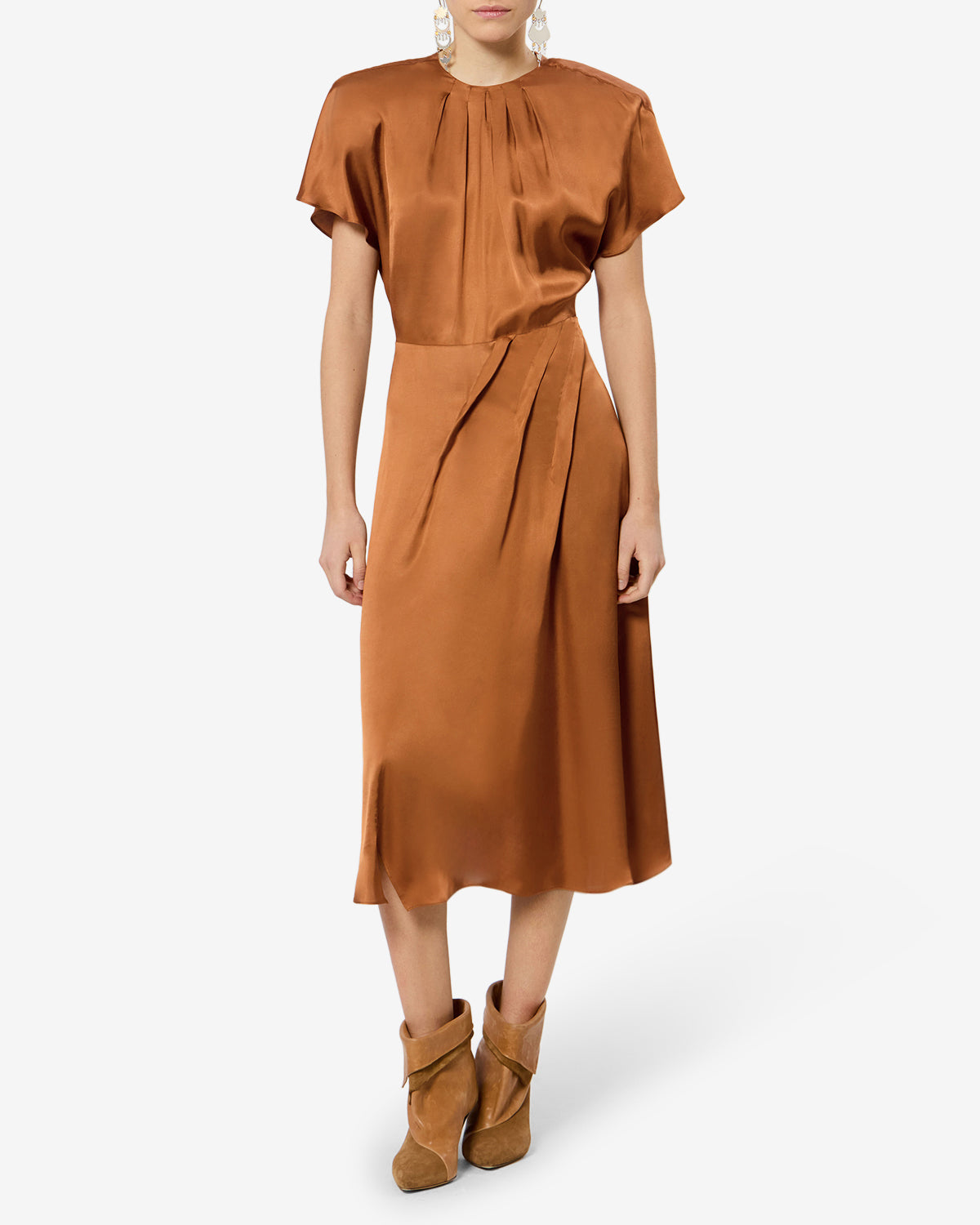 Isabel Marant Namsha robe midi satin caramel taille marquée