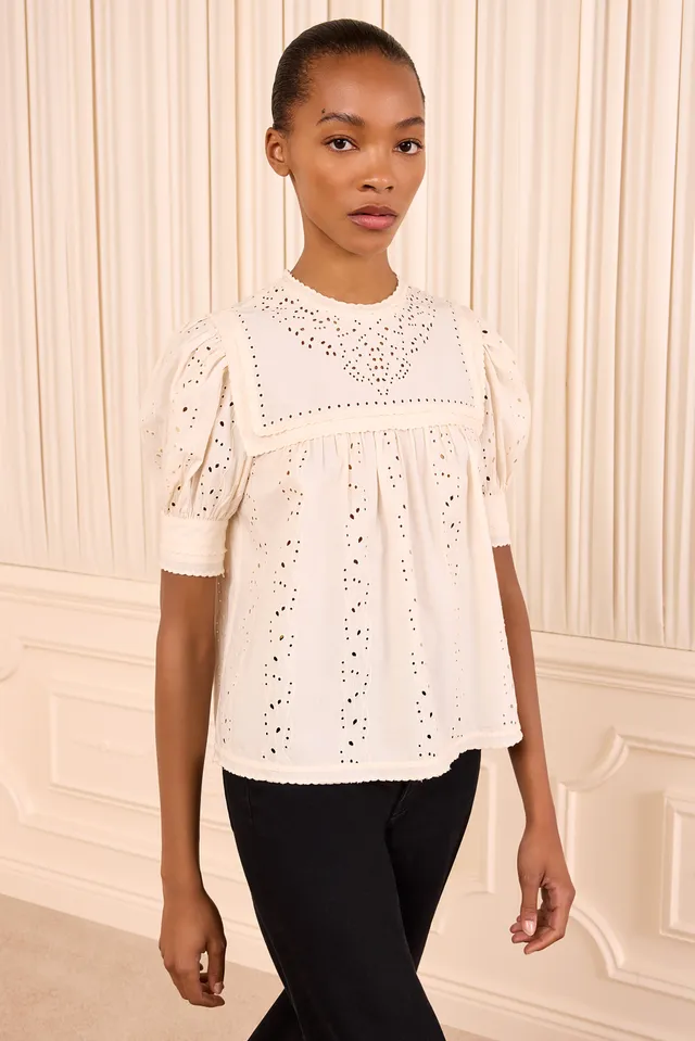 Ulla Johnson Una Haut Coton Ivoire Manches Courtes Brode
