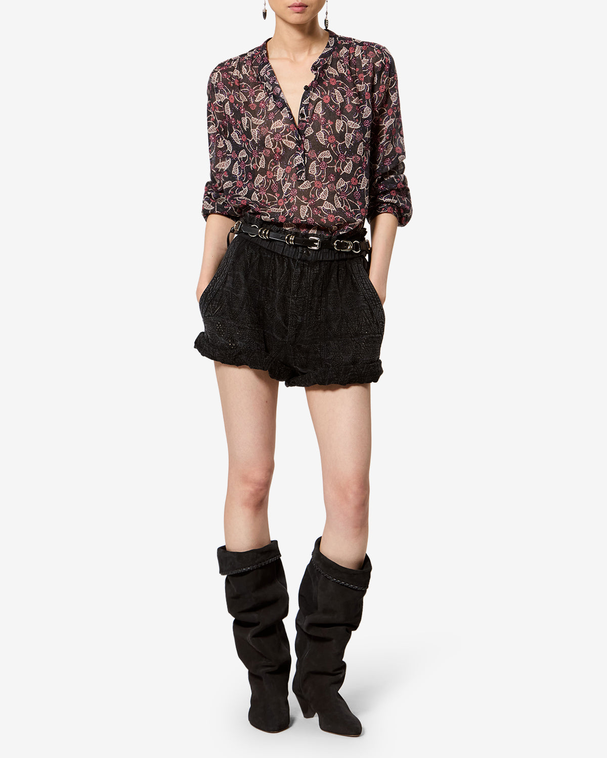 Isabel Marant Kisha short coton noir délavé broderie