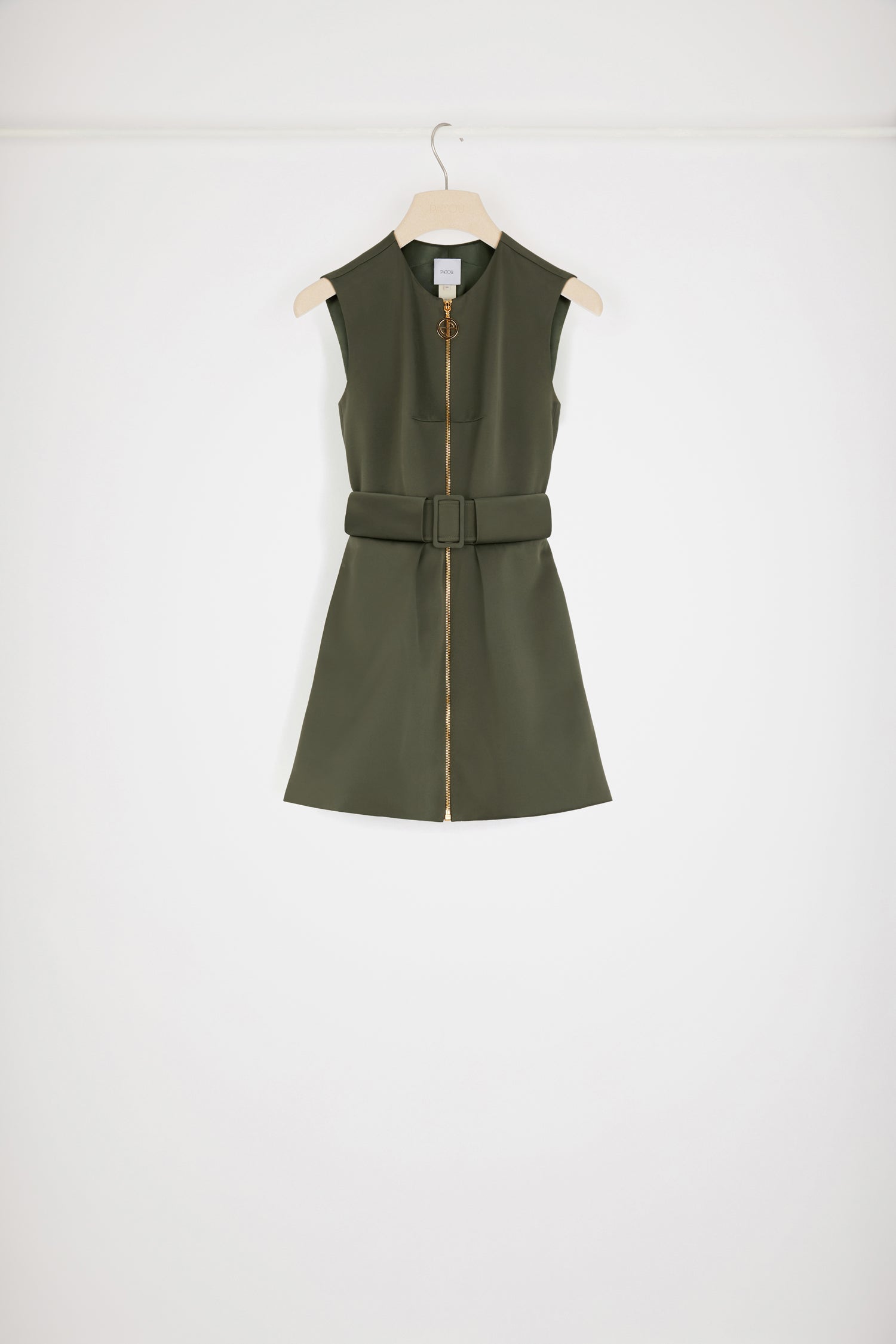 Patou robe mini satin recyclé kaki zip doré