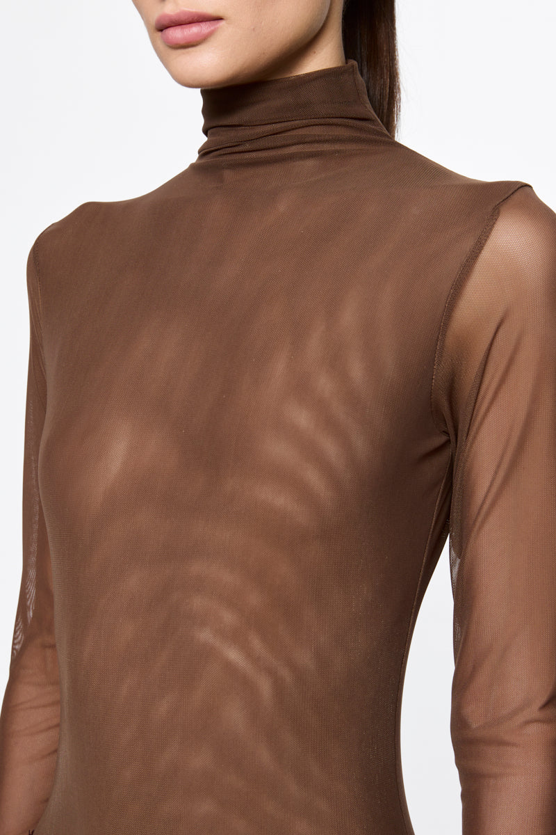 ATU Body Couture bodysuit tulle marron col montant manches longues